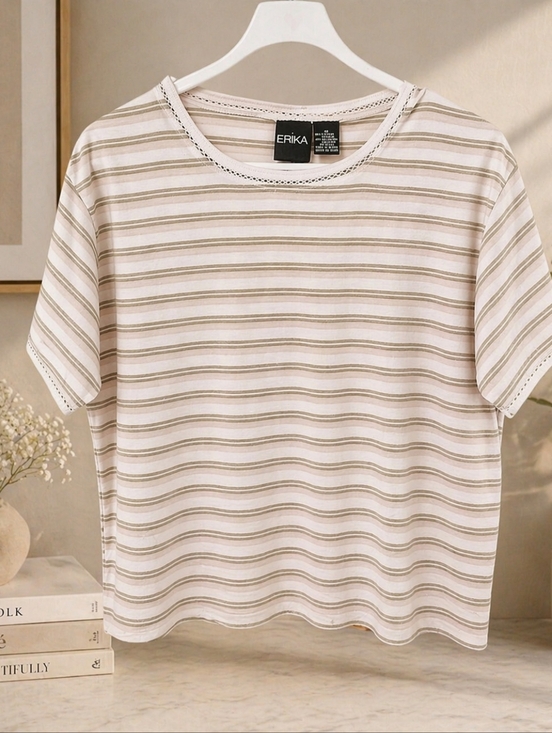 Erika Tops - Erika Green and White Striped Tee - Medium